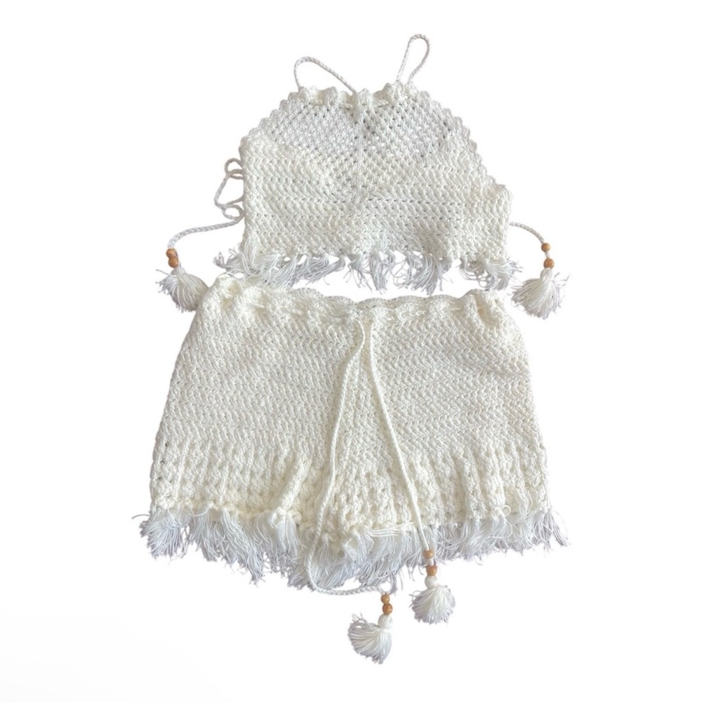 Boutique Women’s 2-Piece Crochet Fringe Set SZ M Cream Boho